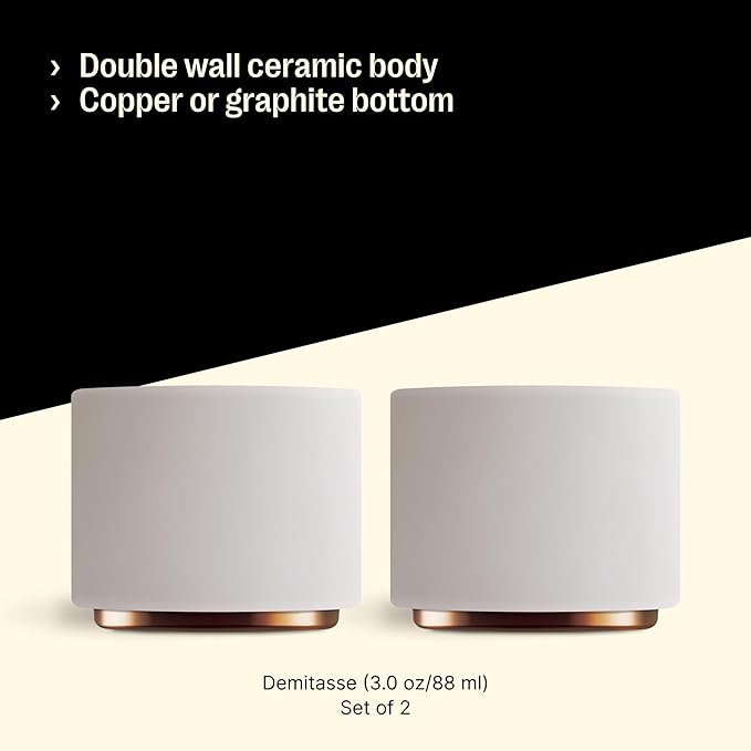 Fellow Monty Milk Art Espresso Cups - Small Double Wall Ceramic Demitasse, Matte White with Copper Base, 3 oz Cup (Set of 2)