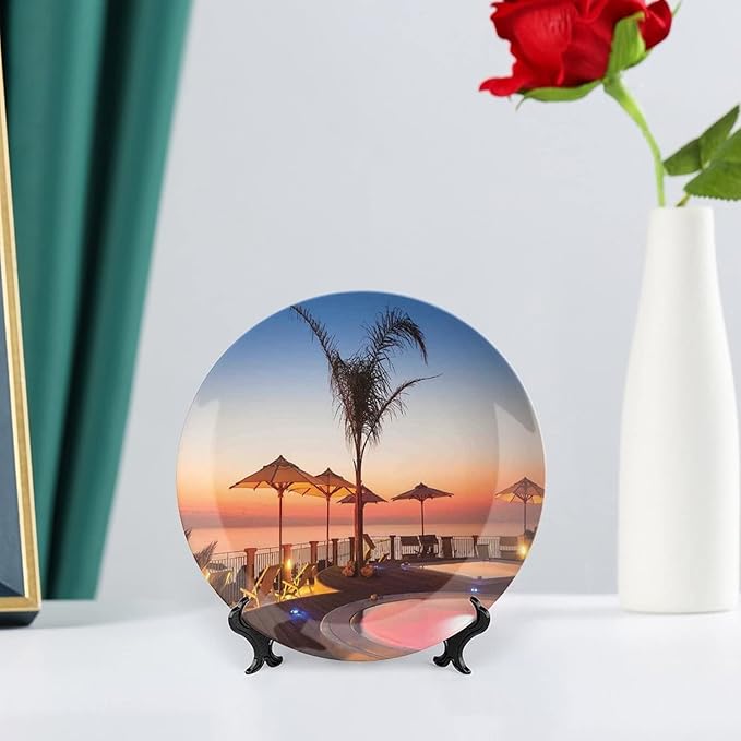 XISUNYA 6 Inch Decorative Plate,House Decor Round Porcelain,Summer Resort Place by The Sea at Evening Caribbean Print Ceramic Wall Hanging Decor Accessory for Dining Table Tabletop Home Decor