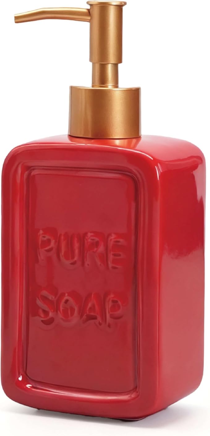 Ceramic Retro Soap Dispenser with Gold Pump, 15oz Capacity, Premium Ceramic Design for Bathroom or Kitchen (Red)