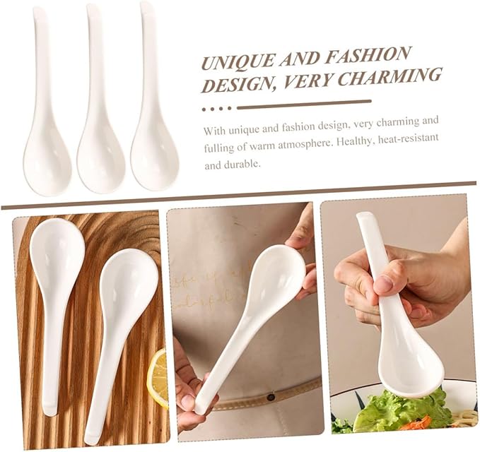 6Pcs White Ceramic Soup Spoons Small Rice Ladles Household Kitchen Utensils Porcelain Serving Spoons for Soup Porridge Dessert