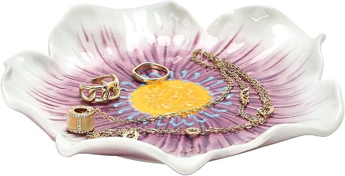 Purple Ring Dish Engagement Gift for Christmas, Flower Jewelry Dish 6.5" x 1.4 inch, Floral Ceramic Jewelry Dish Tray, Vintage Vanity Decorative Plate for Rings, Keys, Trinkets - Purple Flower Xmas