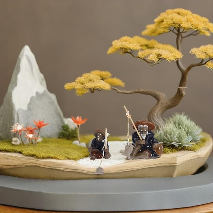 YARNOW 2pcs Mini Fisherman Figurines Ceramic Zen Garden Decor Fishing Sculpture for Aquariums Bonsai Fairy Gardens Durable Asian Zen Decoration for Home and Outdoor Use