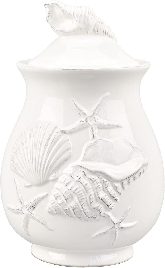 Blue Sky Clayworks Laguna Coastal Canister, Ceramic, 6" L x 6" W x 9.5" H, Seashell-White Counter Accent
