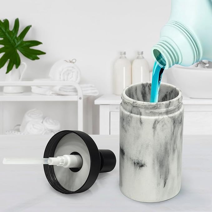 2-Pack White Marble Style Resin Soap Dispenser Set for Bathroom Countertop&Kitchen Sink Decor, Large-Openning Liquid Bottles with Matte Black Pumps Easy Refil-10 oz,Elegant and Solid Design