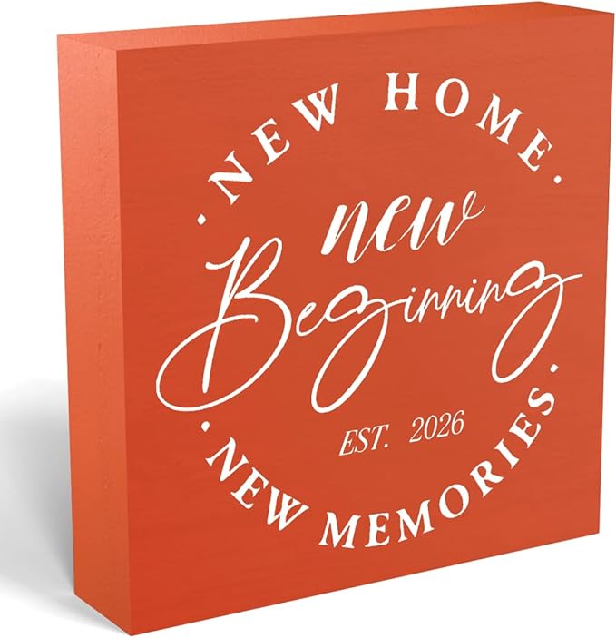MUBIAO Rustic 2026 New Home Housewarming Gifts Ideasfor Women Men Friend Home Desk Shelf Decor - 5.1 x 5.1 Inches New Memories Decor Accessories - Orange