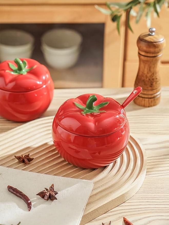 123Arts Sugar Bowl Tomato Ceramic Spice Jar Storage Jar with Spoon