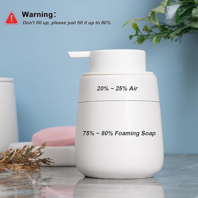 Ceramic Bathroom Accessories Set 6 Pcs, White Bathroom Accessory Set Includes Foaming Soap Dispenser with Rust-Proof Plastic Pump, Bathroom Cup, Qtip Holder, Soap Dish, 2Pcs Adhesive Hooks for Home