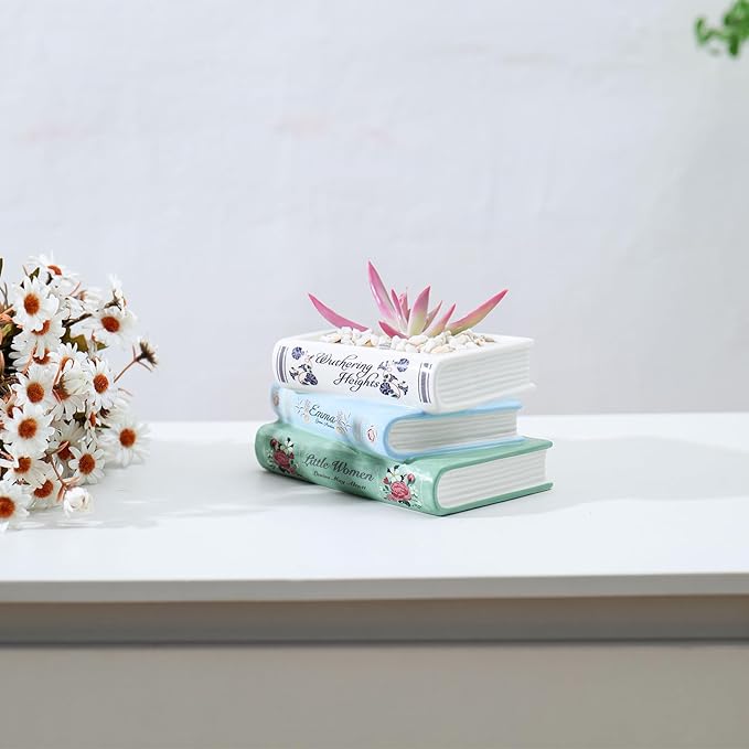 Book Vase for Flowers - 7" Ceramic Literary Planter, Modern Artistic Bookshelf Decor with Cultural Style - Unique Gift for Book Lovers
