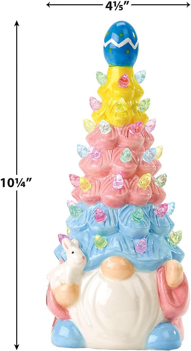Current Easter Gnome Light-Up Figurine -10" Tall Ceramic Gnome Tree with LED Pastel Lights, Spring Holiday Table Top Décor with Bunny & Egg Accents