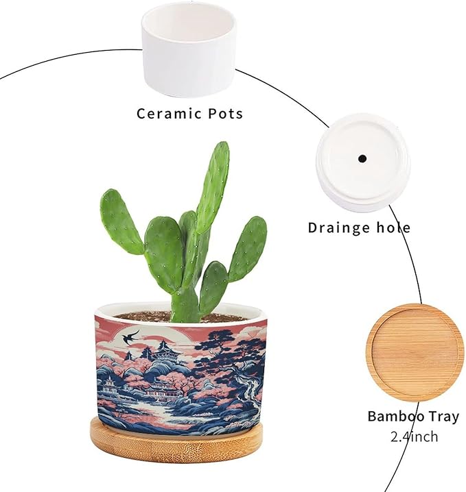 Pink Blue Chinoiserie Planter Ceramic Coral Chinoiserie Chic Asian Round Plant Pots with Drainage Holes and Bamboo Tray Pot for Home Desktop Office Windowsill