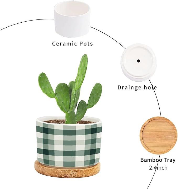 Sage Green Buffalo Plaid Planter Ceramic Green Buffalo Check Round Plant Pot with Drainage Holes and Bamboo Tray Pot for Outdoor Garden Home Plant