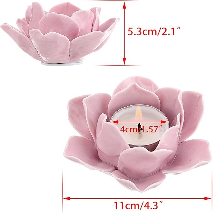 OwnMy 4.5 Inch Ceramic Lotus Flower Tea Light Holder Lotus Petals Candle Holder Candlestick, Votive Flower Tealight Candle Holder Candle Lamps Holder with Gift Box for Home Decor Wedding Party (Pink)