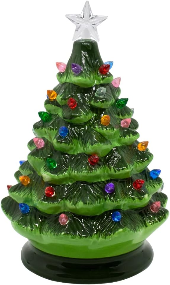 Festive Christmas Tree with Colorful Lights | Vintage-Inspired Ceramic Green Pine with Lights and Star | Cheerful Holiday Decoration | Twinkle or Steady Nightlight
