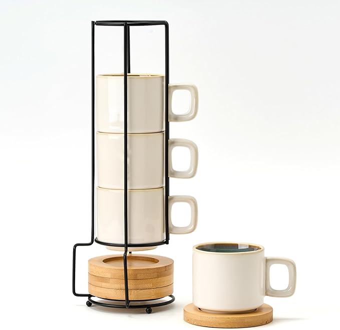 LUKA Porcelain Stackable Espresso Cups with Saucers and Metal Stand, 4 Ounce Small Ceramic Demitasse Cups Set for Latte, Specialty Coffee Drinks, Cafe Mocha,Tea - Set of 4, White Green Interior