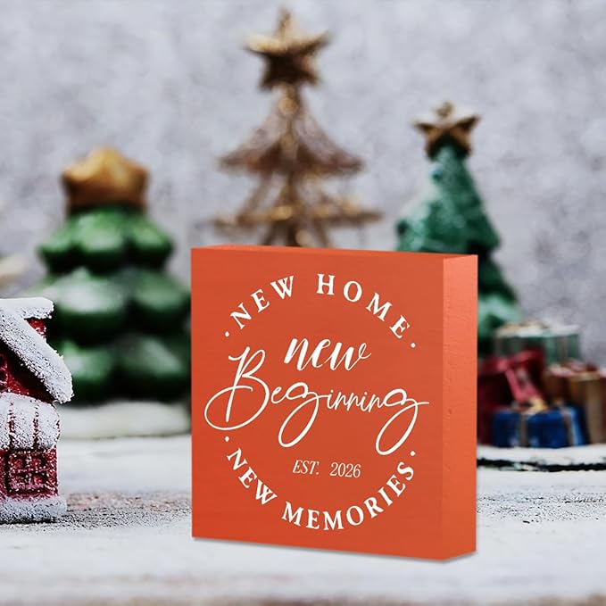 MUBIAO Rustic 2026 New Home Housewarming Gifts Ideasfor Women Men Friend Home Desk Shelf Decor - 5.1 x 5.1 Inches New Memories Decor Accessories - Orange