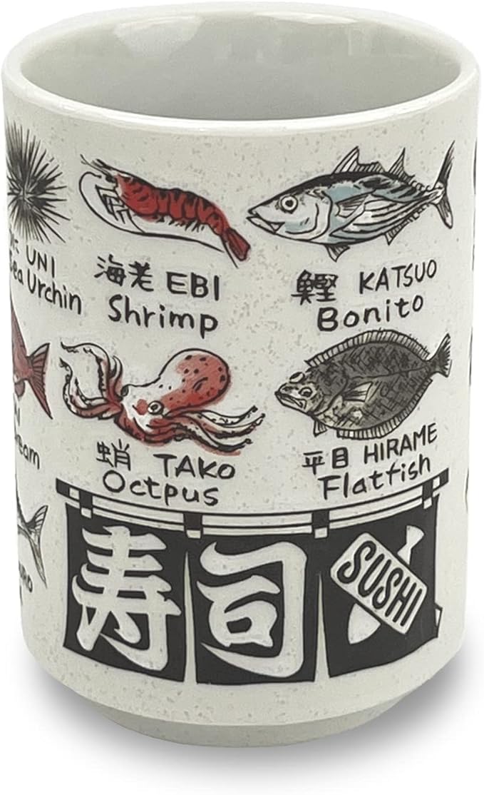 Japanese Tea Cup - Pottery 9 fl oz, Yunomi Mug, Sushi Made in Japan (C3-7 Sakanaeigo)