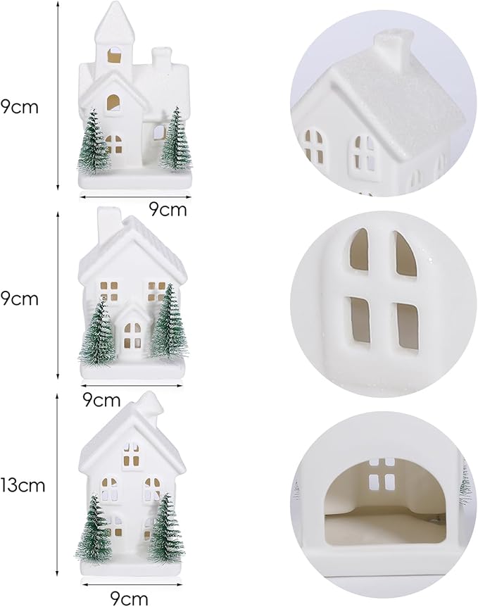 Christmas Decorations - Indoor Christmas Village Set of 3 Lighted Ceramic Houses with Trees - White Xmas Holiday Farmhouse Rustic Decor for Home Table Room