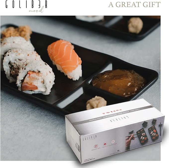 Sushi Serving Set, with 4 Japanese Sushi Serving Plate, 4 Soy Sauce Dish, 4 pairs of chopsticks and 4 chopsticks stands- Melamine Serving Set for Sushi (Black)