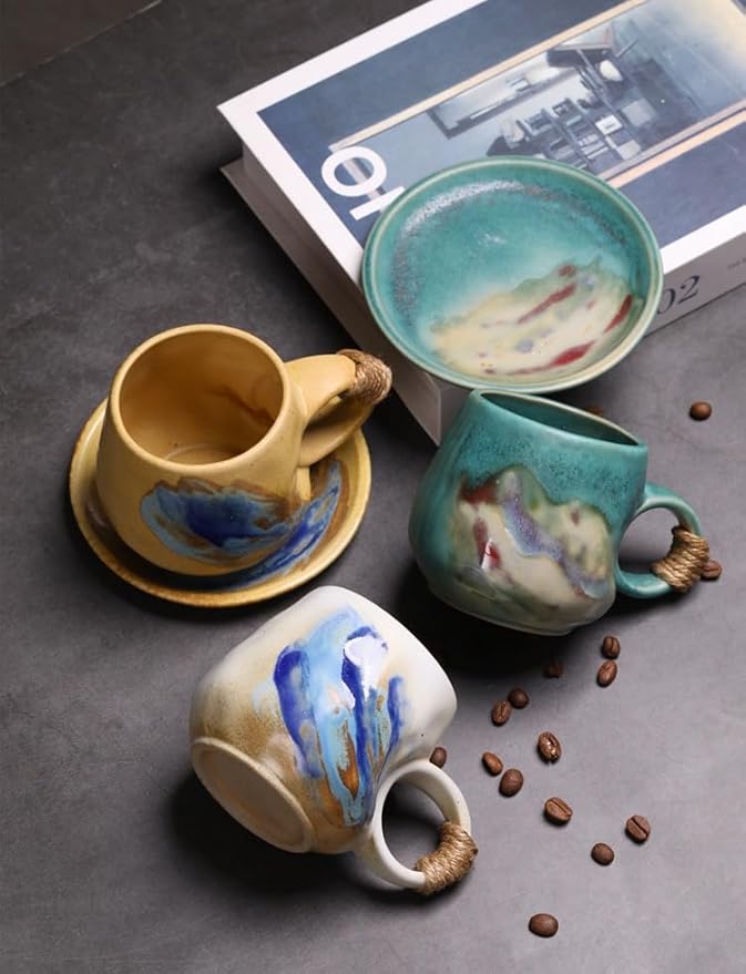 8oz Small Vintage Japanese Style Handmade Ceramic Tea Cup with Saucer , Lead-Free Cappuccino Mug, Artisanal Coffee Mug with saucer set,Handcrafted mug with handle, For Espresso, Latte ,Teal Green