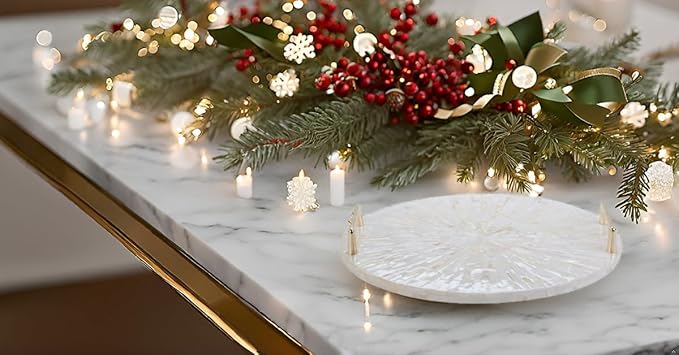 PEMAR Mother of Pearl Decorative Tray, 13"" Round with Gold Metal Handles, Vanity/Perfume/Trinket Tray, Catchall for Dresser, Bathroom, Vanity Table (White Sunlight), PM24-PM15