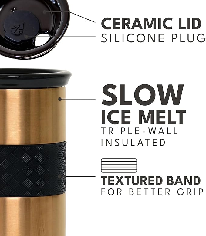 Elemental Artisan Insulated Tumbler, Triple Wall Coffee Travel Mug, Reusable Stainless Steel Coffee Tumbler with Ceramic Lid, Thermal Coffee Cups for Hot (6 Hrs) & Cold (18 Hrs), 16oz - Copper