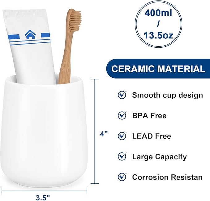 Bathroom Tumbler Cup Ceramic 13.5oz Reusable Toothbrush Cup 400ml,Toothbrush Holder Adequate for Your Bathroom (Shiny White)