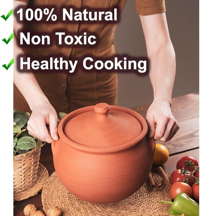 Earthenware Clay Mud Eathern Terracotta Cooking Pot Pottery Cazuela Cookware with Lid Natural Stovetop Stove Top Stone Stew Rice Unglazed Mexican Indian Kitchen Oven Terra Cotta Handcrafted Traditional Healthy (5.2 Quarts - Size2)