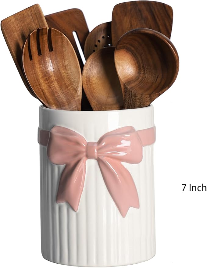 SOCOSY White Ceramic with Pink Bow-knot Kitchen Utensil Holder For Countertop, Large Cooking Utensil Crock Holder Spatula Holder