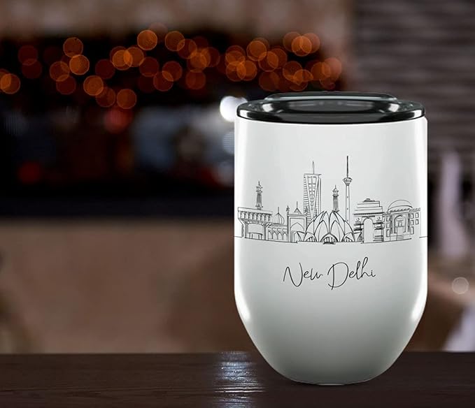 New Delhi Skyline Wine Tumbler, Asia Skyline 12oz Wine Tumbler, Custom Wine Tumblers Gift For Birthday, Spill Resistant Tumblers for Women, Personalized Wine Tumbler