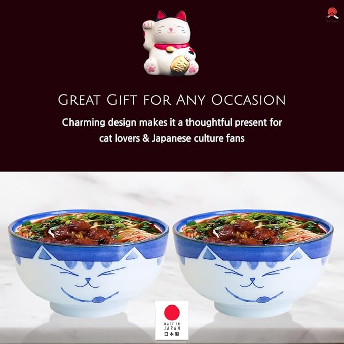 JapanBargain, Set of 2 Japanese Large Porcelain Bowls Seving Soup Rice Noodle Salad, Maneki Neko Smiling Cat Pattern, 34 fl.oz, 6.25-inch, Made in Japan