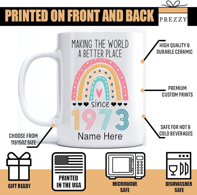 PREZZY Vintage 50th Birthday Mug Gifts for Women Men Making the World a Better Place Since 1973 Boho Rainbow Turning 50 Years Old Birthday Decorations Personalized Mugs Novelty Coffee Cup 11oz 15oz