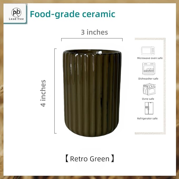 Stoneware Coffee Bar Utensil Holder Tea & Coffee Spoon & Stirrer Holder for Stir Stick Straw Teaspoon Holder Spoon Cup Small Utensil Jar Fluted Vertical Stripe (Retro Green)