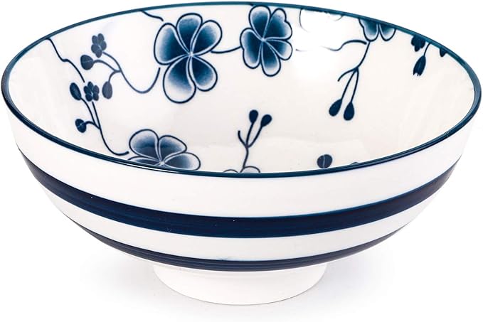 Foraineam 6 Pieces Blue and White Floral Rice Bowl Set 8 oz Japanese Style Cereal Bowls, Assorted Designs