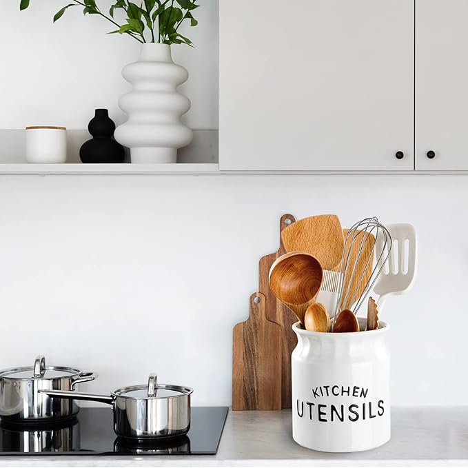 Utensil Holder, Ceramic Farmhouse Kitchen Utensil Holder for Kitchen Counter, 6.5" Large Cooking Utensil Crock for Countertop, White