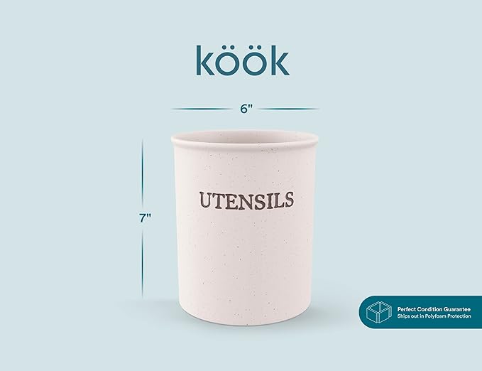 KooK Large Utensil Crock for Kitchen Counter, Ceramic Utensil Holder, Heavy & Stable Caddy, Farmhouse Decor, Matte Speckled Stoneware, Cream, 6 inch, Dishwasher Safe