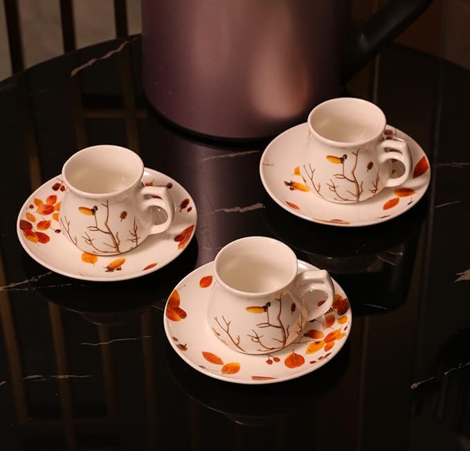 GuangYang 2.5 oz Espresso Cups and Saucers set of 6,Fall Design (Cute Shape for Double Espresso Shots, Ristretto, Macchiato,Café Cubano, and Turkish Coffee)