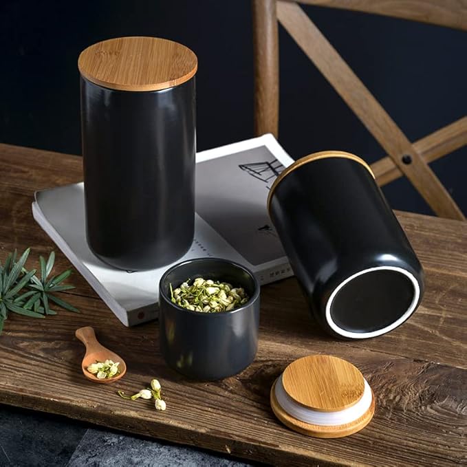 Ceramic Food Storage Jar Canister Modern Design Food Canisters with Airtight Seal Bamboo Lid, Loose Tea Coffee Spice Nuts Snacks Storage Jar Canister (Black 7.03oz/200ml)