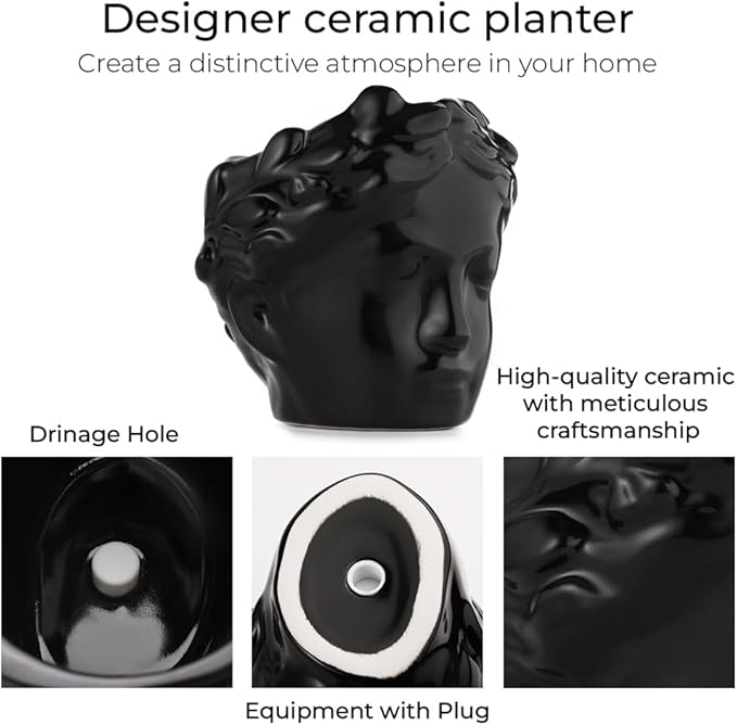 Small Head Planter - Ceramic Face Planter Pots for Indoor Plants, Cute Funny Succulent Pot with Drainage Hole, Unique Gift, 3.9"