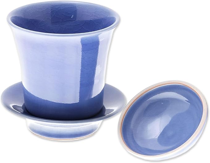 NOVICA Blue Ceramic Soup Cup Lid And Saucer Set, Cup Of Comfort In Blue'