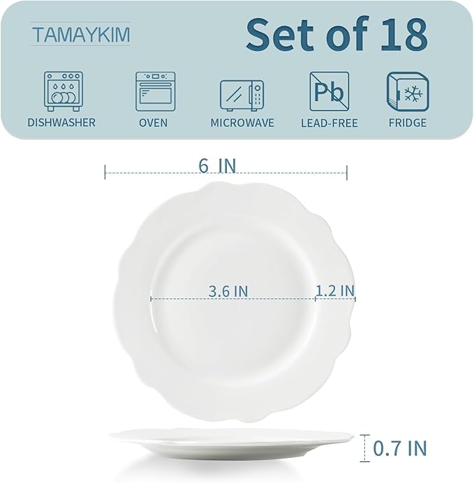 TAMAYKIM 6 Inch Porcelain Dessert Plates, Set of 18, White Lotus Shape Stackable Appetizer Plates, Scratch Resistant Small Plates for Restaurant & Home, Microwave, Oven & Dishwasher Safe
