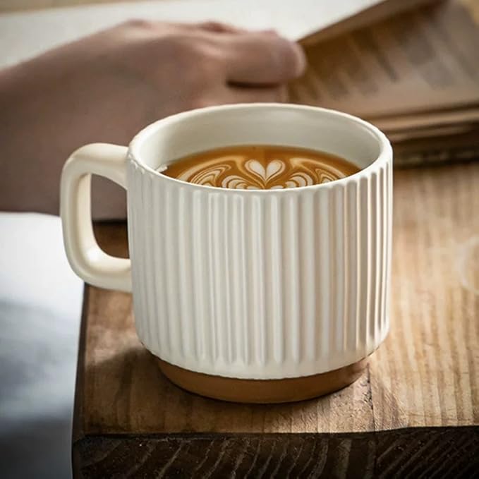 Artisanal Ceramic Mug & Walnut Saucer Set for Coffee Latte, Cappuccino Espresso Tea - 8.3oz/250ml Textured Coffee Cup with Wood Saucer, Dishwasher & Microwave Safe Gift
