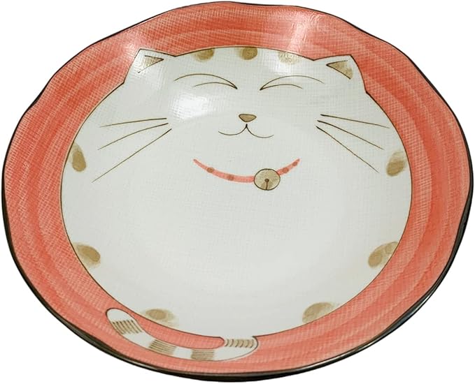 JapanBargain, Set of 2 Japanese Soup Bowls Shallow Porcelain Bowl for Curry Rice Cereal Poke Salad and Dessert, Maneki Neko Smiling Cat Pattern, Made in Japan, 8.5 inch, Pink Color