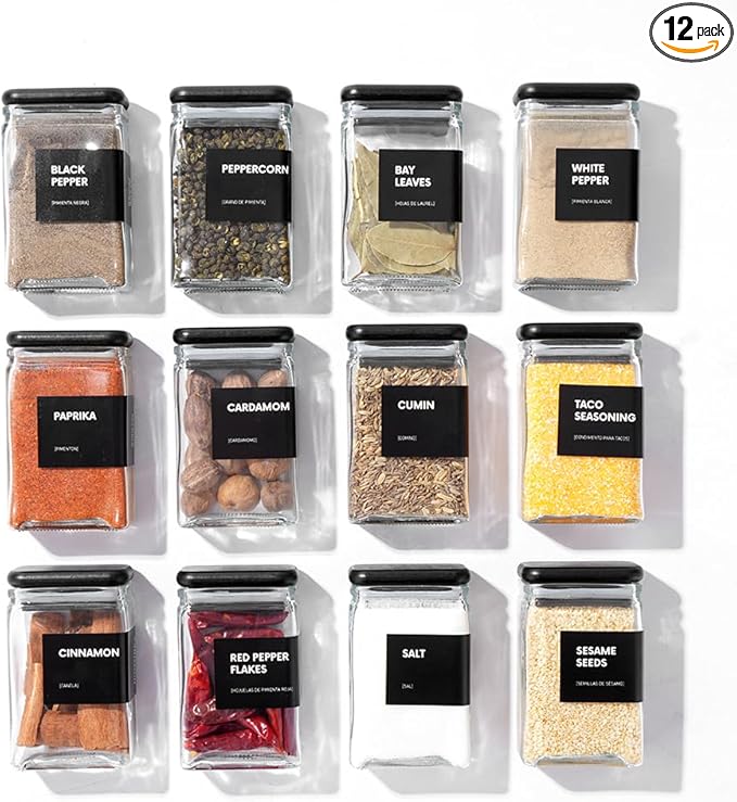 APT 1101 4 oz Glass Square Spice Jars with Labels, Glass Jars with Bamboo Lids, Spice Bottles, Seasoning Organizer, 12 Pack (Black)