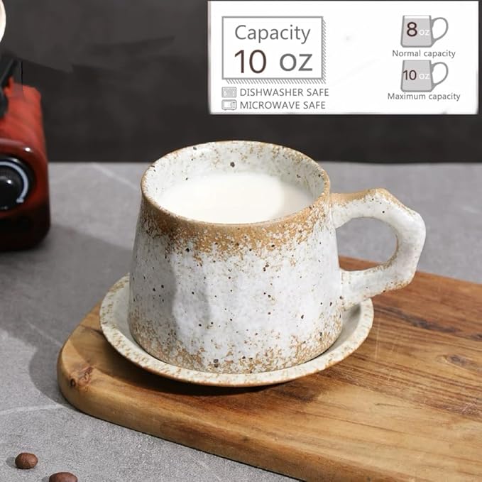 10oz Vintage Retro Handmade Ceramic Cappuccino Cup with Saucer –Small Rustic Stoneware tea cup and saucer, Lead-Free Latte Art Mug,Handmade mug with saucer set,Microwave safe (biege)