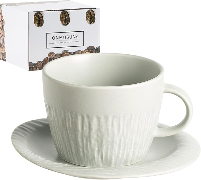 Ceramic Latte Cup with Saucer, 7 oz, Coffee Mug, Espresso Cups for Cappuccino, Milk Tea and Mocha, Dishwasher and Microwave Safe (grey)