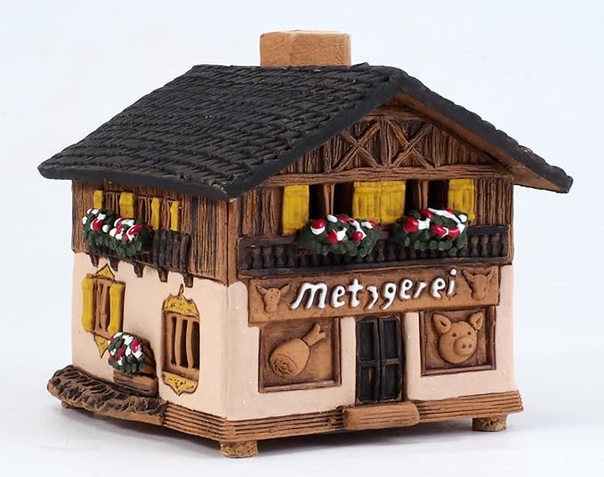 Ceramic Houses and Villages Collection - Christmas Village Collectible House Miniature Historic Butcher's in Bavaria Tealight Candle Holder, Room Décor, Handcrafted Essential Oil Burner