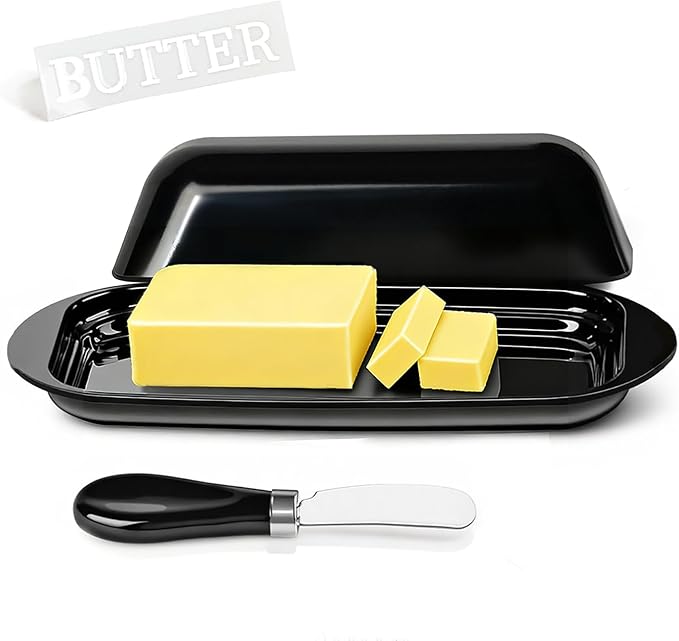 BPA-Free Melamine Butter Dish with Lid & Stainless Steel Knife - Farmhouse Butter Keeper for Countertop & Refrigerator, Dishwasher Safe, Holds 1 Stick with East & West Coast Butter-Black