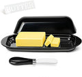 BPA-Free Melamine Butter Dish with Lid & Stainless Steel Knife - Farmhouse Butter Keeper for Countertop & Refrigerator, Dishwasher Safe, Holds 1 Stick with East & West Coast Butter-Black