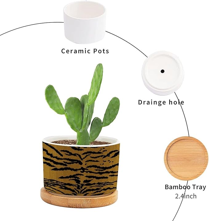 DreamAutumn Tiger Stripes Ceramic Flower Pots,Gardening Plant Pot with Drainage Holes and Saucers Round Ceramic Pots for Indoor Plants Succulent Herbs Cactus Pots for Dad Papa Grandpa