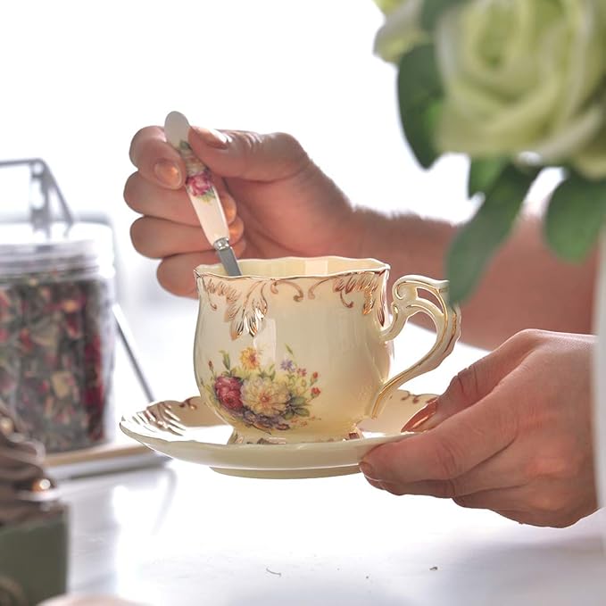 YOLIFE Tea Cups and Saucers Set of 2, Vintage Floral Porcelain Tea Cups with Holder- 8 oz